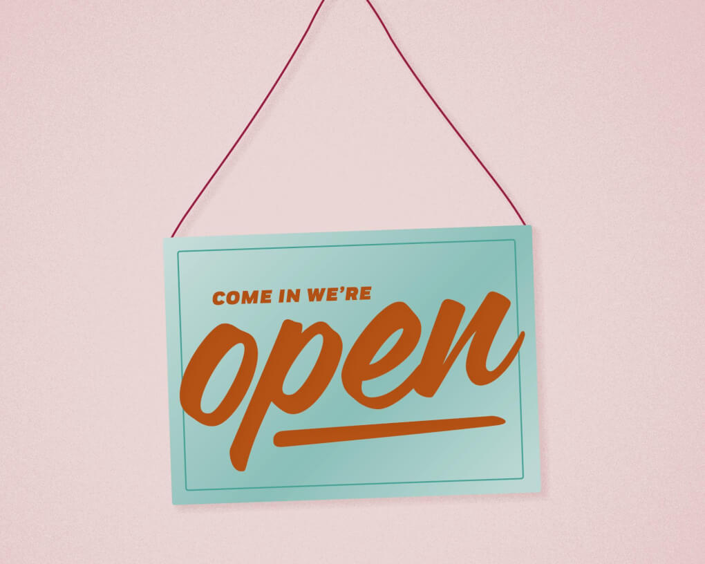 Illustration of a door sign with the words 'Come in We're Open'